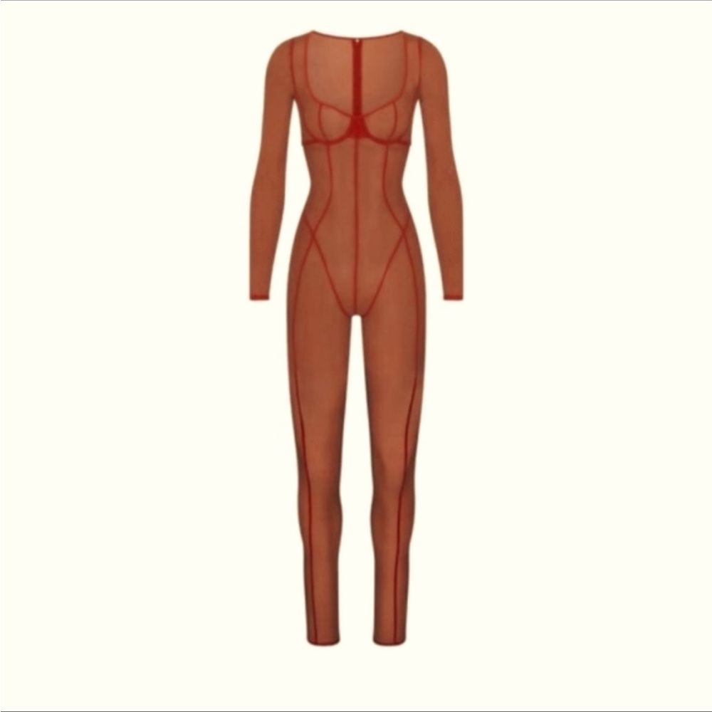NWT- SKIMS- Superfine Mesh Jumpsuit- Red Chili- Sz “2X”- See Measurements